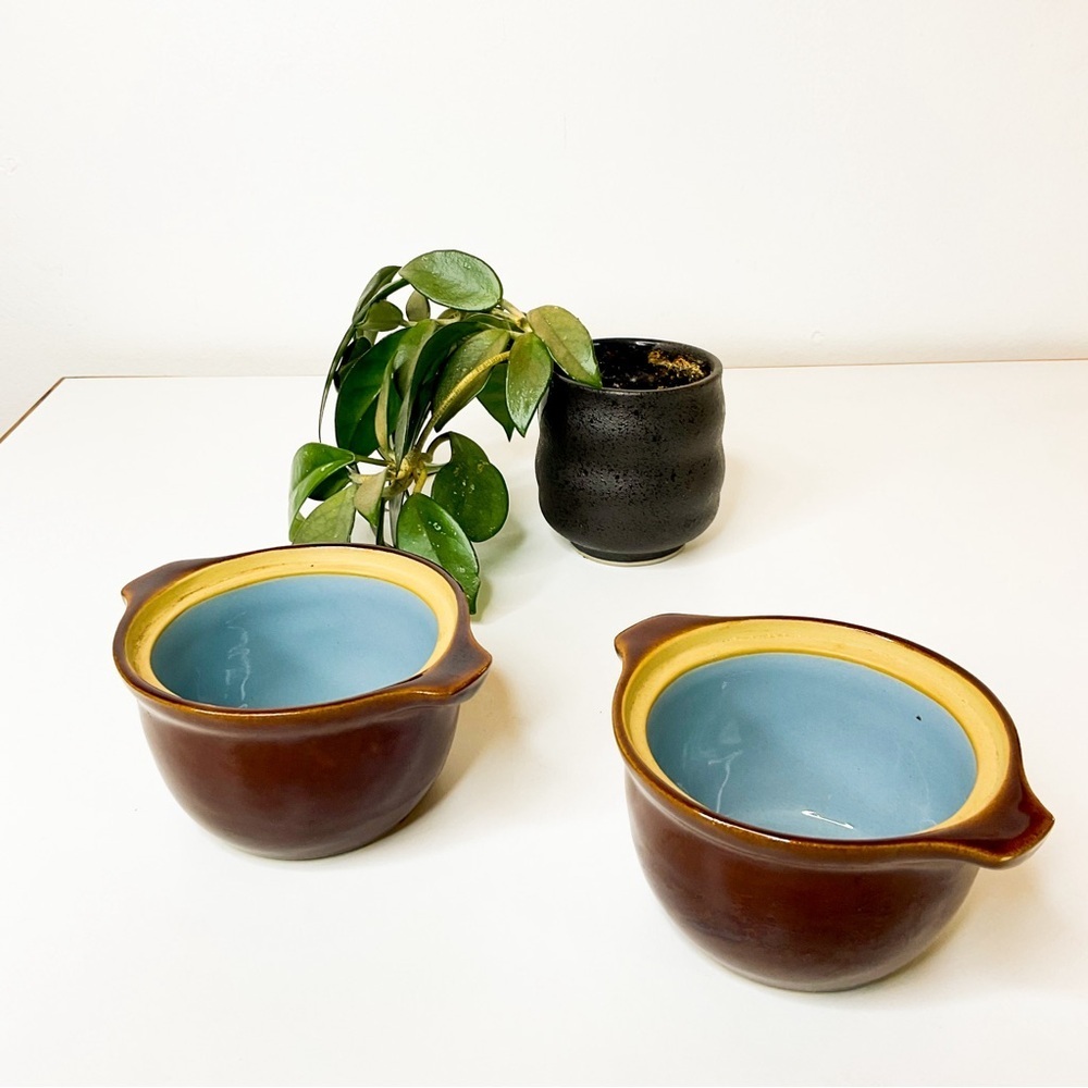 Vintage Denby England Cream & Blue Stoneware Pottery Set Of 2 Stacking Bowls